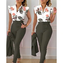 Fashion Printed Lotus Leaf Sleeve Buttons Shirt High Waist Solid Pants Set With Belt Women's Elegant Two Piece Set Work Outfits