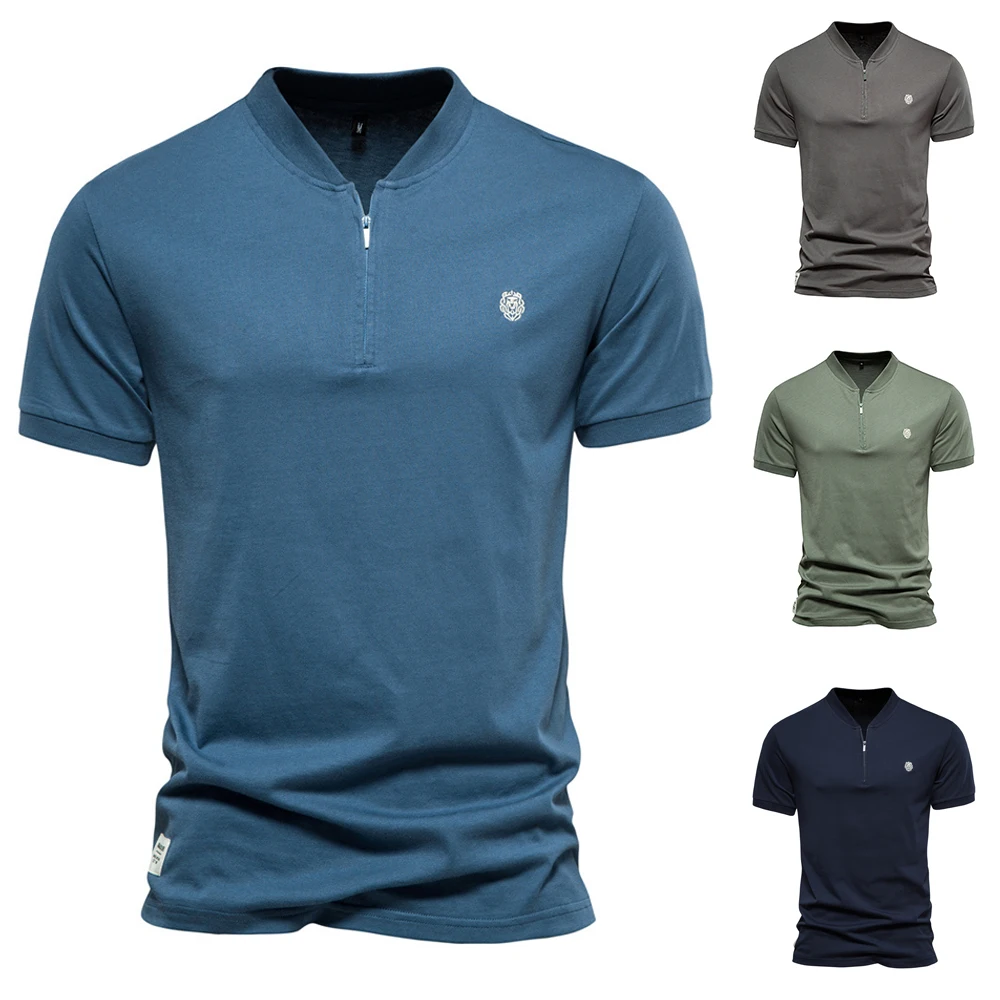 

100% Cotton Men's T-shirt Solid Color Casual V-neck Zipper T shirt for Men New Summer High Quality Brand Men Tops Tees