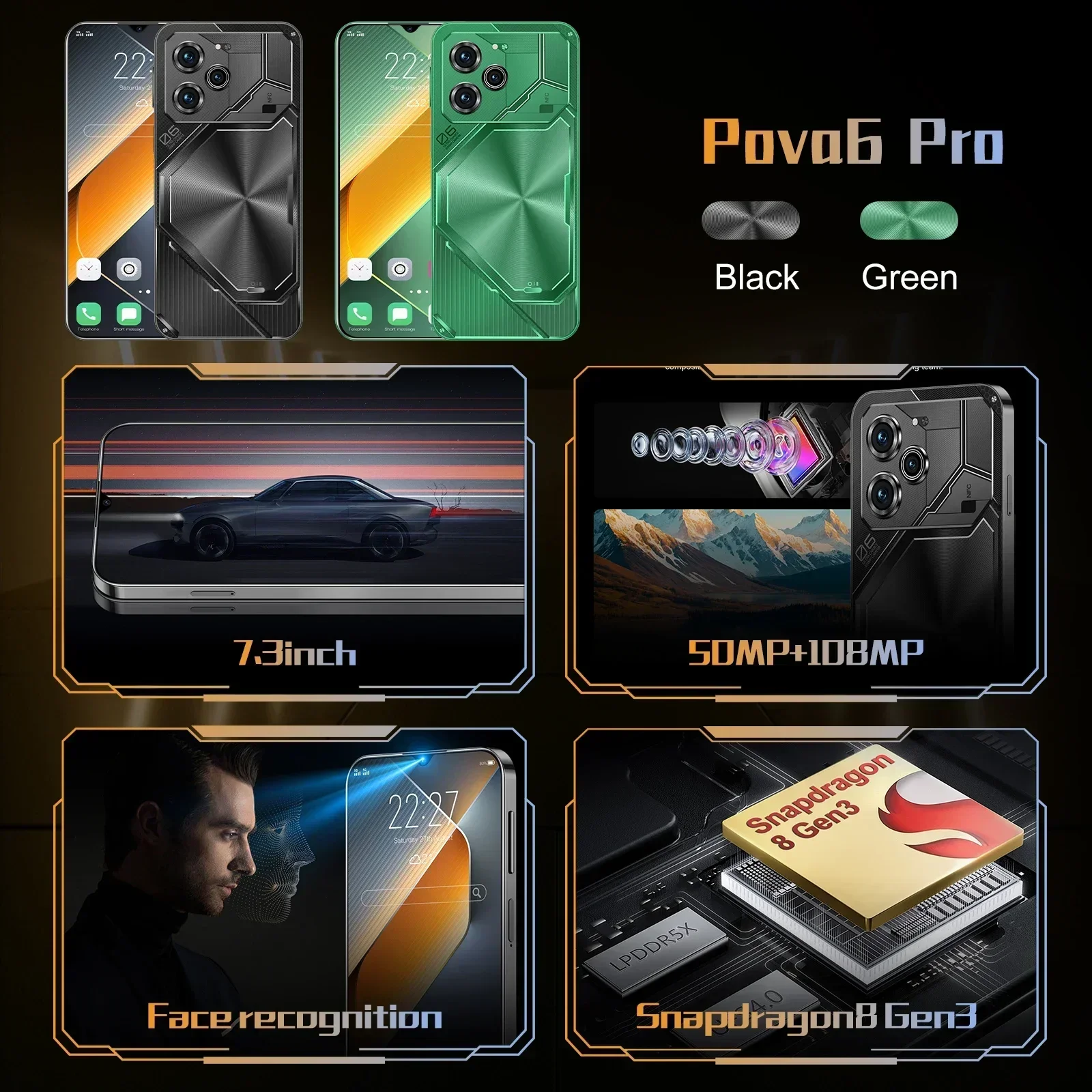 Original Pova 6 Pro Smartphone 5G Snapdeagon8 Gen3 7.3inch 22G+2T CellPhone Dual SIM MobilePhone 50+108MP Android14 Unlocked NFC 2