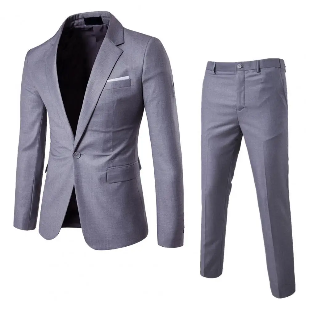 Men Business Suit Pants Set Lapel Long Sleeve Single Button Pockets Suit Coat Slim Long Pants Set Workwear formal suit