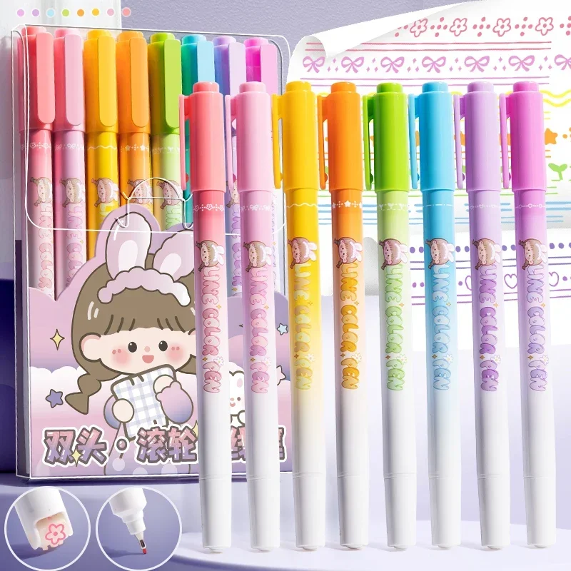 

8pcs/set Kawaii Roller Curve Pens Double Head Line Shaped Highlighter Art Markers Drawing Manga Graffiti Pens Korean Stationery