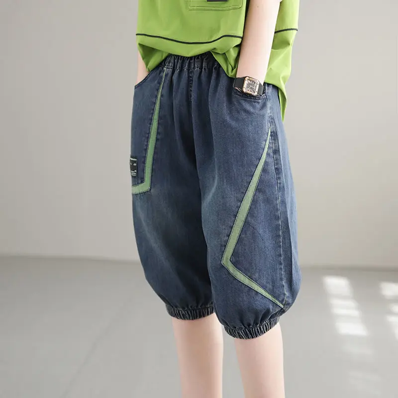 

Arts Style New Arrival Summer Women Cotton Denim Patchwork Calf-length Pants Elastic Waist Loose Harem Pants Casual Jeans P257