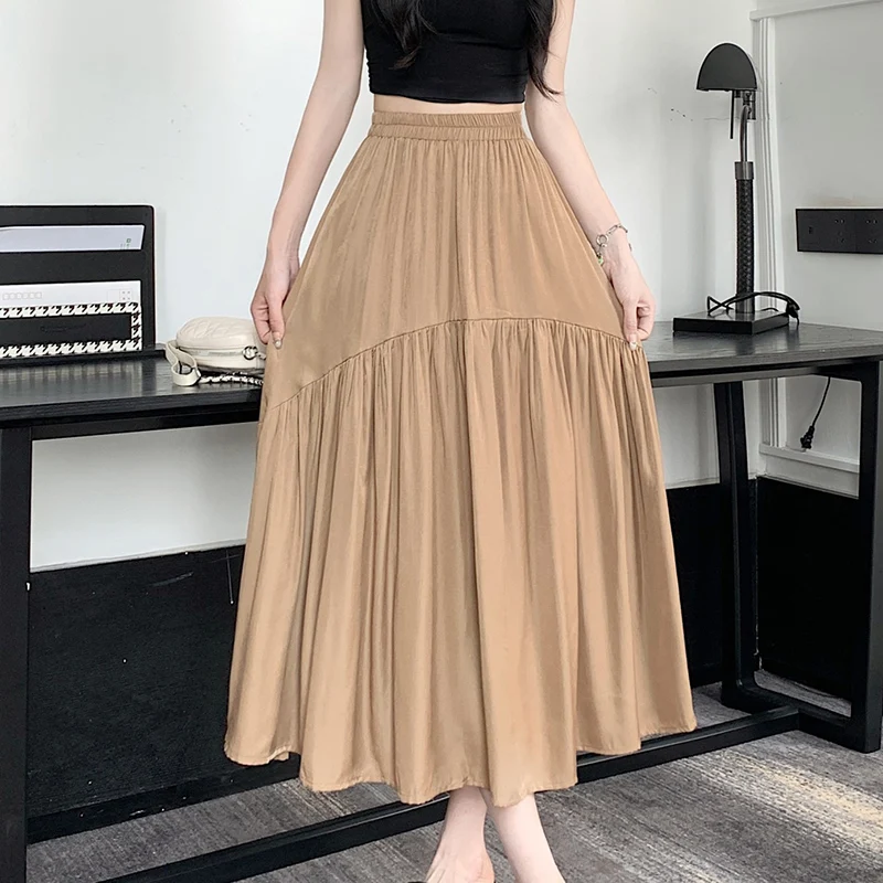 

Fashion Elastic Solid Color Spliced Casual Folds Skirts Female Clothing 2024 Summer New Loose All-match High Waist Skirts