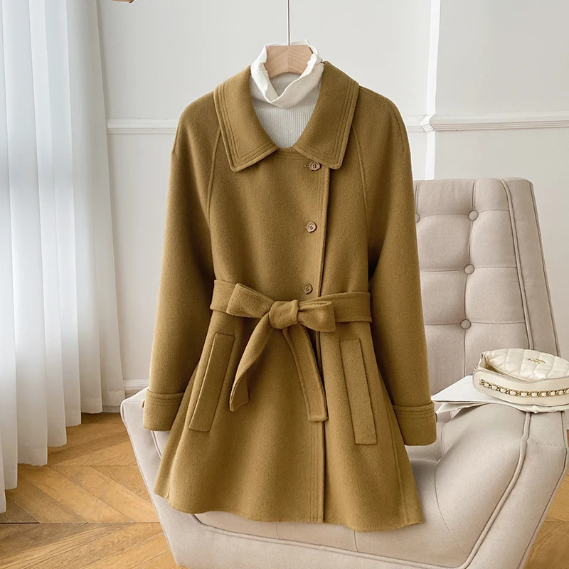 

2023 Autumn/Winter New Double sided Zero Cashmere Coat Women's Mid length High end Small Figure Woolen Coat Hepburn Style