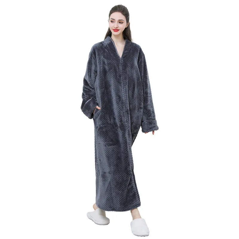 New Thickened Zipper Nightgown Flannel Nightgown Autumn and Winter Sleepwear Solid Color Men's and Women's Bathrobe