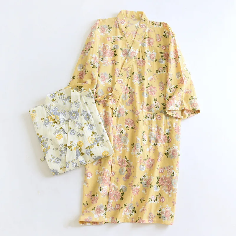 Japanese Kimono Cotton Gauze Bathrobe For Women Floral Printed Sleepwear Robe Loose Spring Autumn Night Wear Home Robes