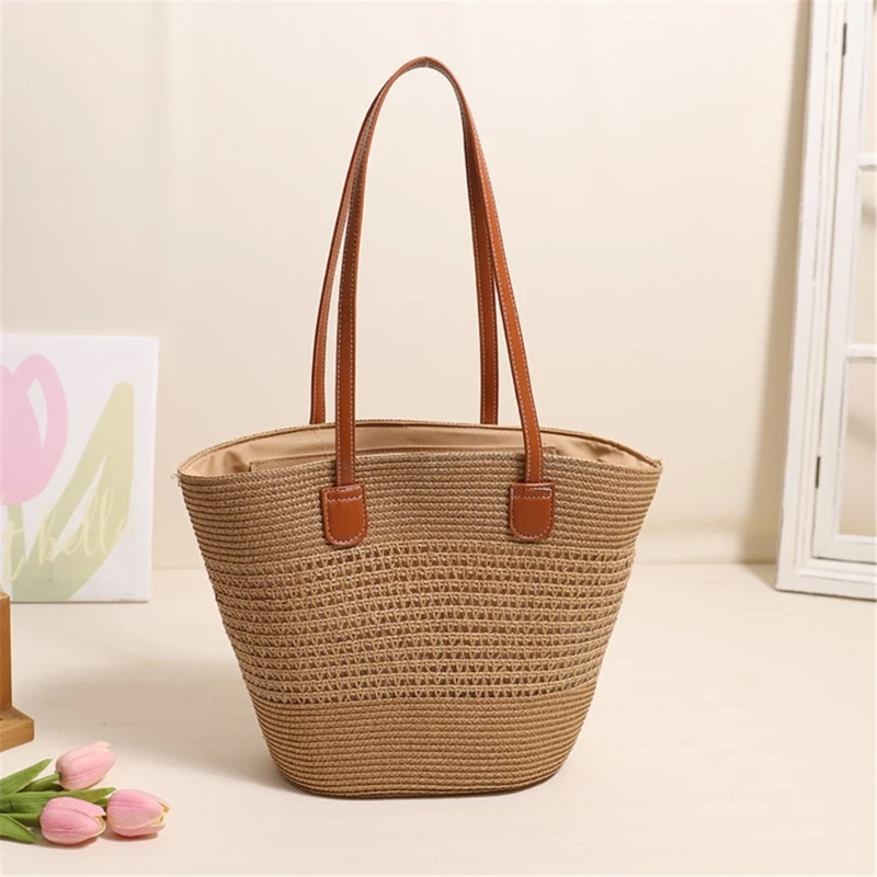 Round Woven Bag Large Capacity Zippered Shoulder Bag Handbag for Travel and Beach E74B