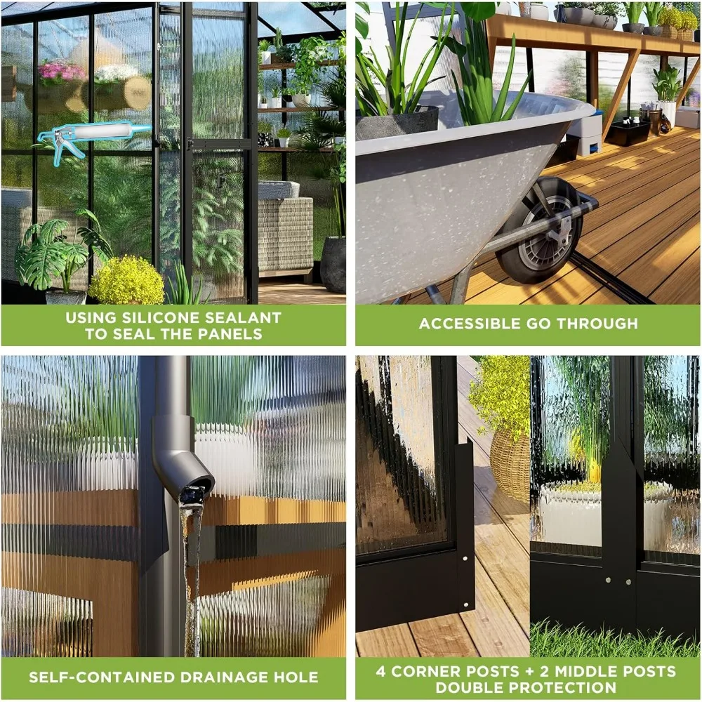 8x12x7.5 FT Polycarbonate Greenhouse Double Swing Doors 4 Vents 5.2FT Added Wall Height, Walk-in Large Aluminum Greenhouse 4