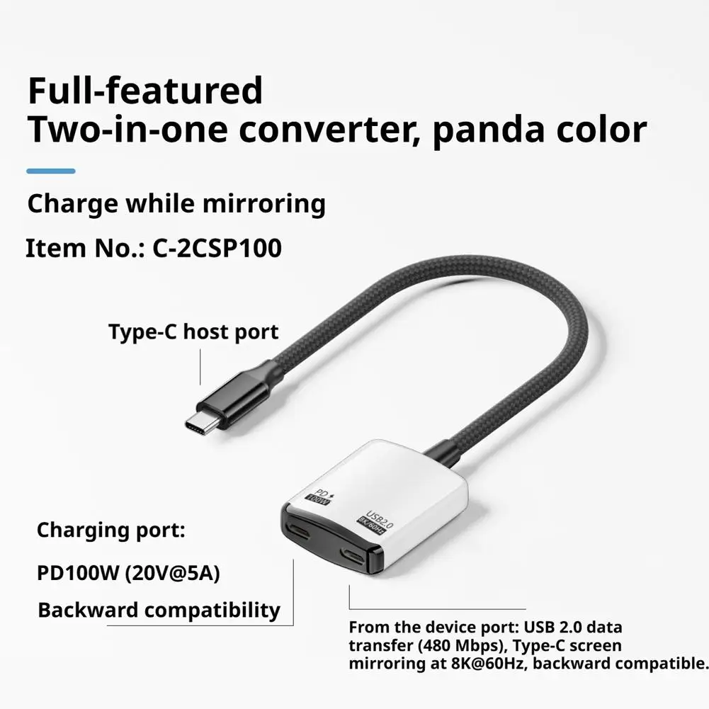 8K 60Hz 타입 C to USB C 비디오 어댑터 PD 100W 고속 충전 480Mbps 데이터 컨버터 2 in 1 스플리터 (맥북, 아이패드, 삼성 포트용)