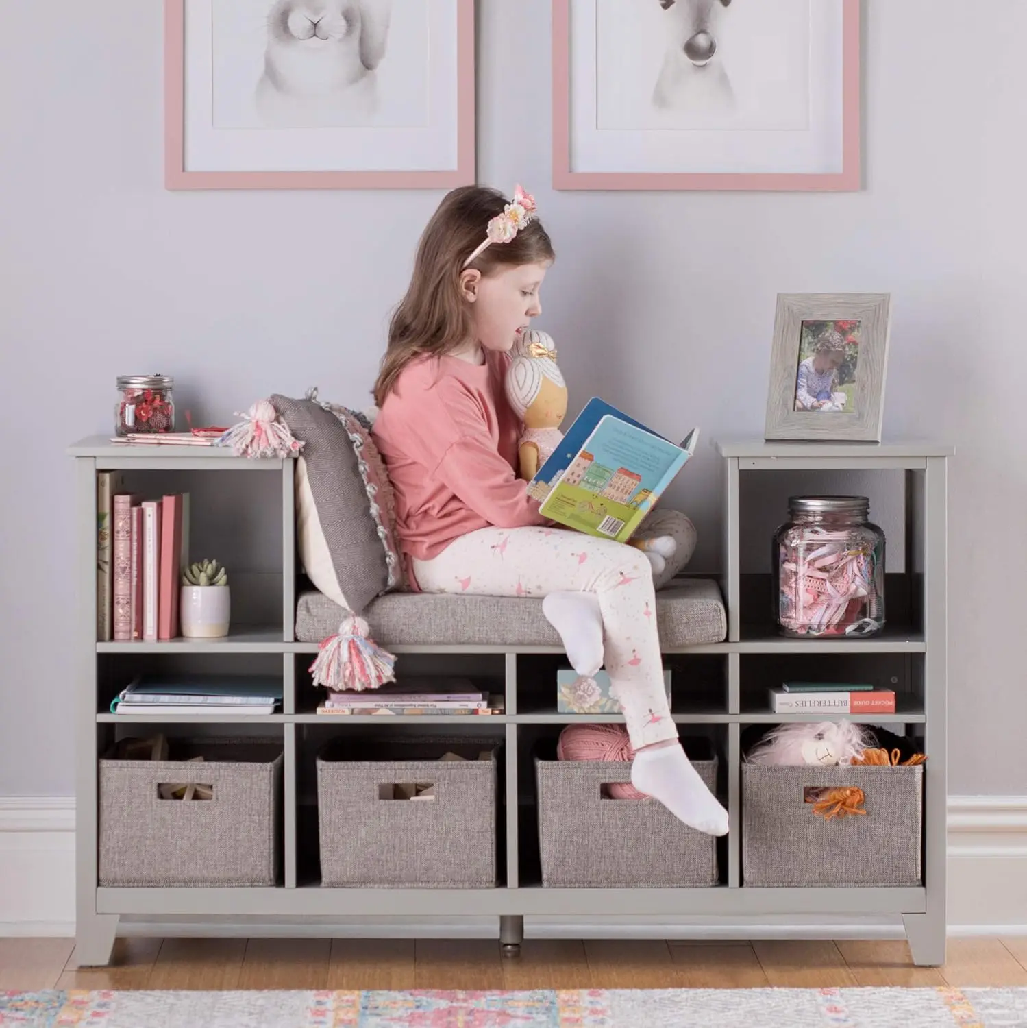 Kids Reading Nook Gray Wooden Storage Bench Bookcase Organizer with Seat Cushion Book Shelves and Fabric Bins for Bedroom