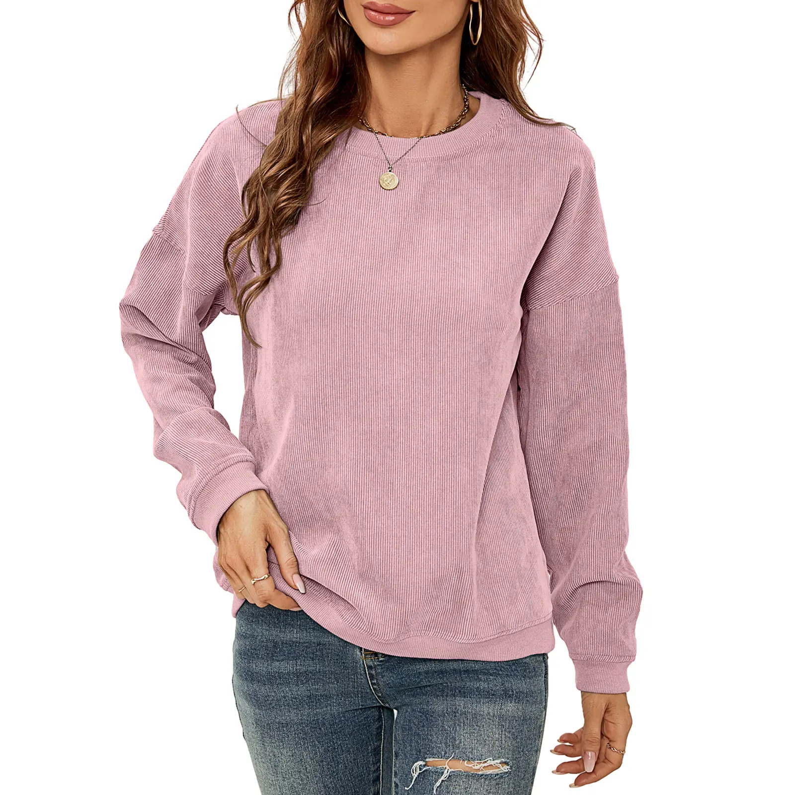 

Women’s Solid Color Corduroy Sweatshirts Long Sleeve Crew Neck Pullover Tops Ladies Spring Fall Casual Sweaters