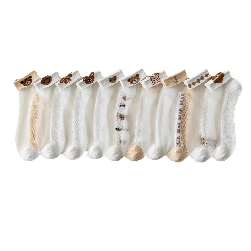 

10 Pairs Summer Mesh Socks Women Thin Casual Transparent Cute Khaki bear Series Kawaii Mori Girl Ultrathin Glass Silk Sheer Sock