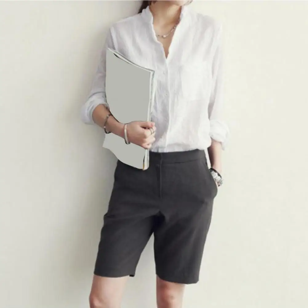 

Women Lapel Long Sleeve Shirt Tops Loose Fit Single-breasted Patch Pocket Thin Casual Shirt Workwear