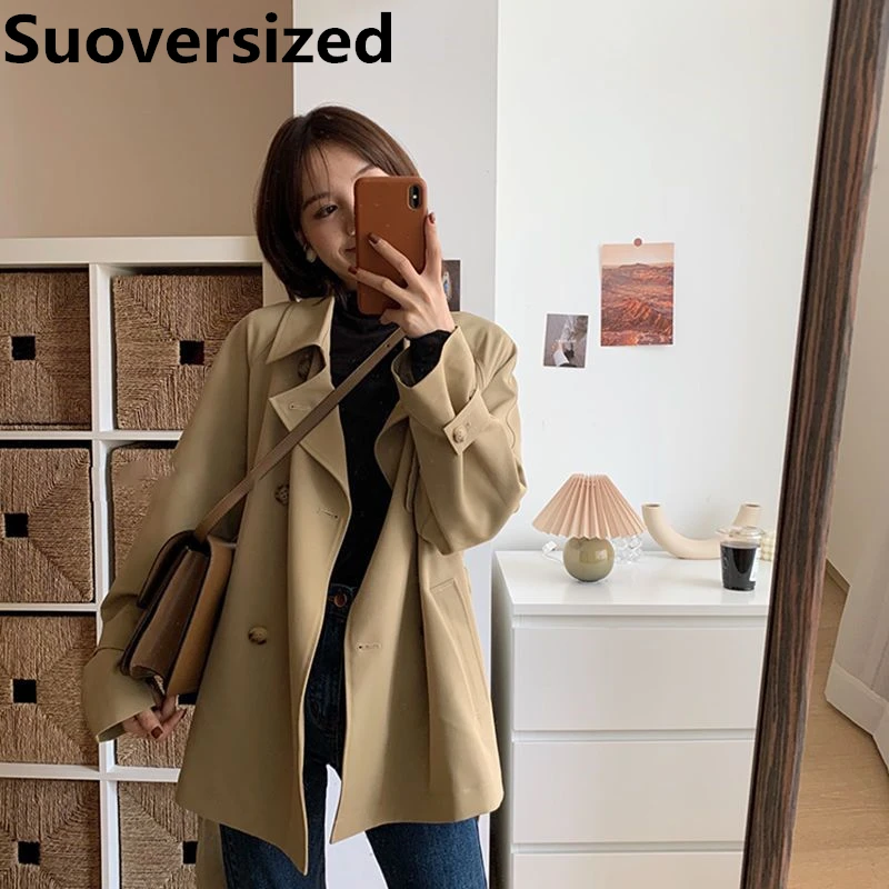 

Khaki Mid-length Double-breasted Trench Coats Spring Fall Fashion Streetwear Women's Outerwears Loose Casual Classic Windbreaker