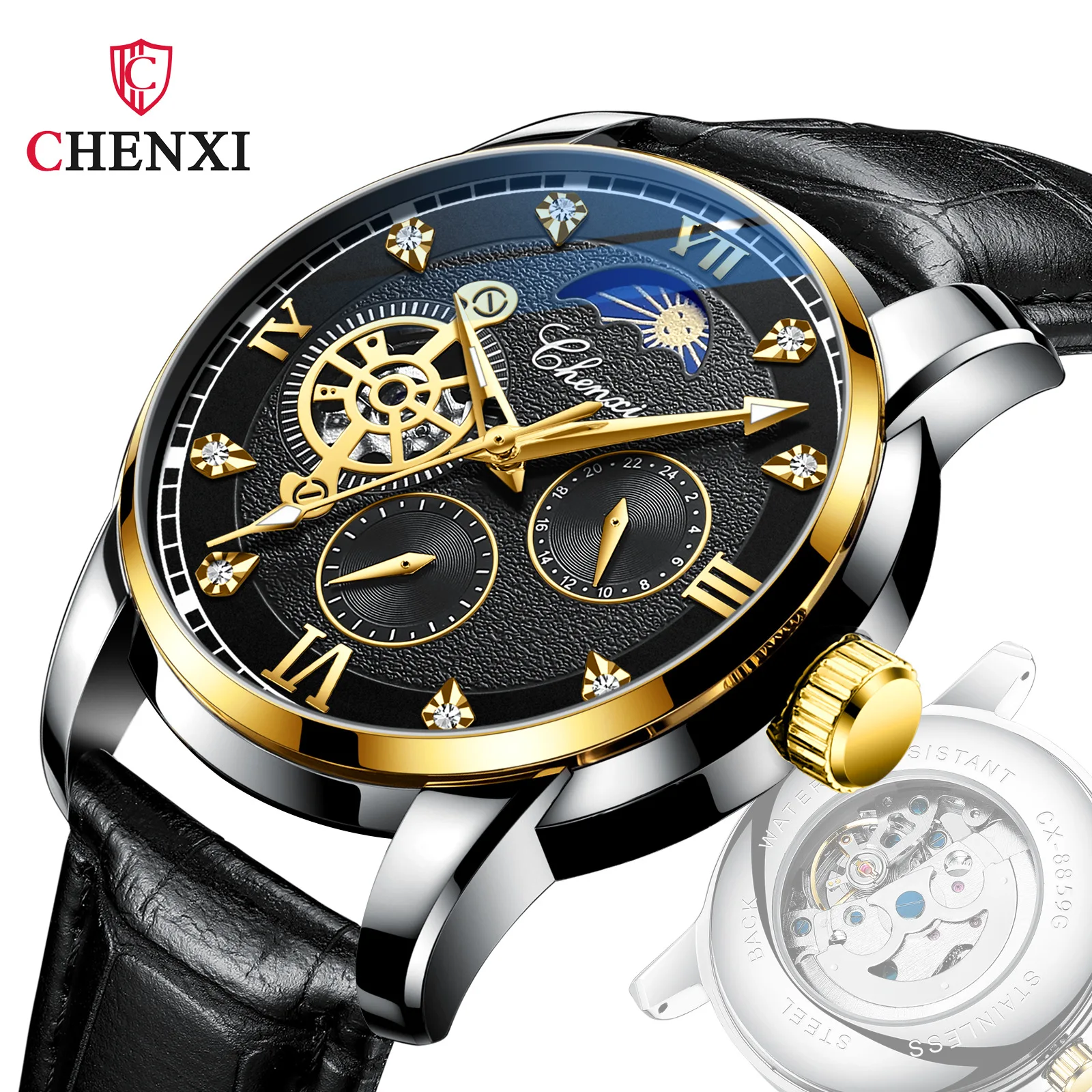 CHENXI Sport Mechanical Watch Men's Moonphase Leather Strap Business Waterproof Glow in The Dark Automatic Mechanical Watch
