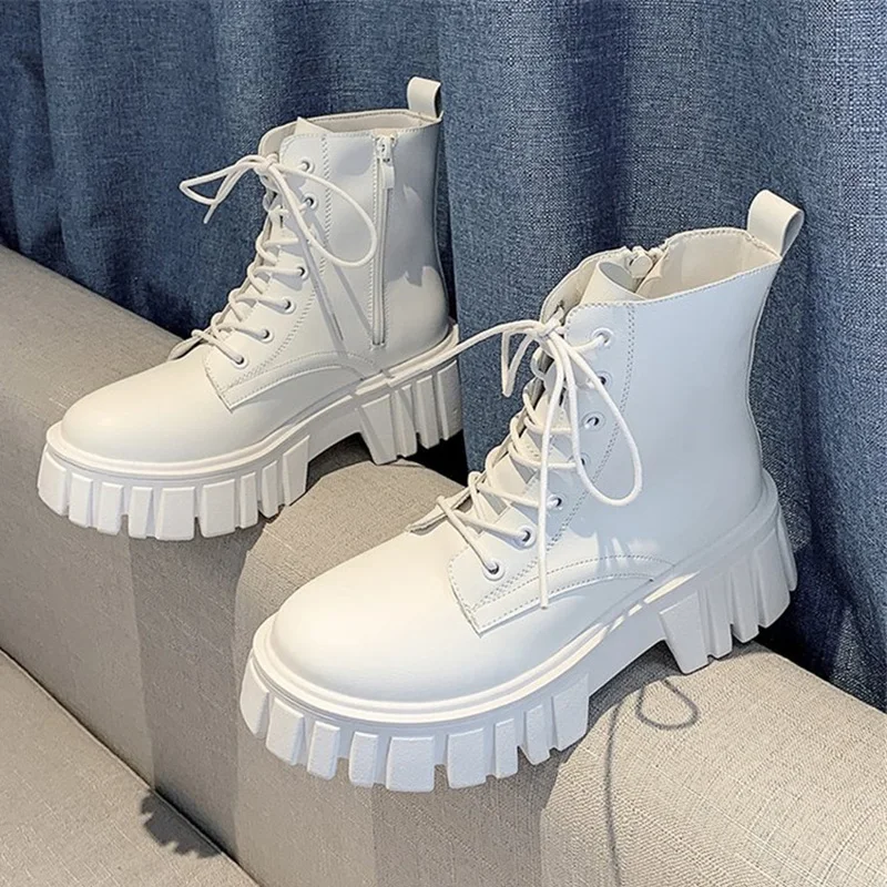 

Women White Ankle Boots PU Leather Thick Sole Lace Up Combat Booties Female Autumn Winter Platform Shoes Woman Botas Femininas