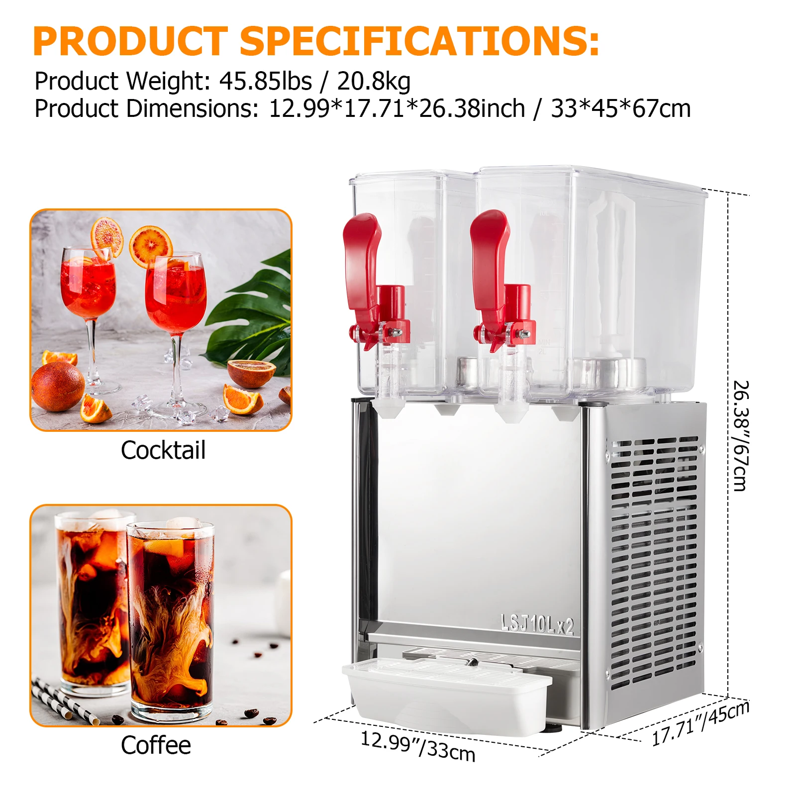 Commercial Beverage Dispenser, 2 Tanks 5.28 Gallon 20L Commercial Juice Dispenser, 10 Liter Per Tank, 280W Ice Drink Dispenser 2