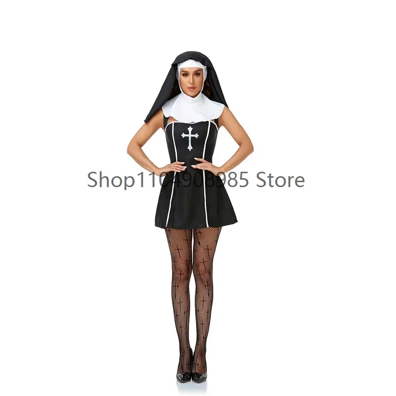 Halloween nun costume dress headdress  short dress cosplay costume vampire clothing printed crucifix cos stage outfit