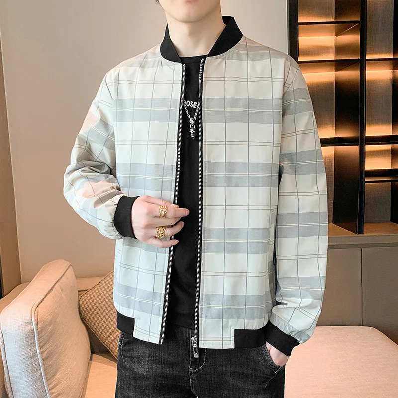 Casual Coat Men's 2023 New Loose Round Neck Plaid Jacket Baseball Jacket Men's Wear men jacket