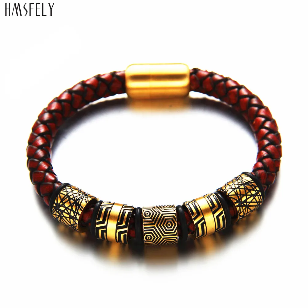 

HMSFELY Vintage Red brown Bracelet Titanium Red Leather Bracelets Bangles Jewelry Clasp Cuff Bracelet for Gift