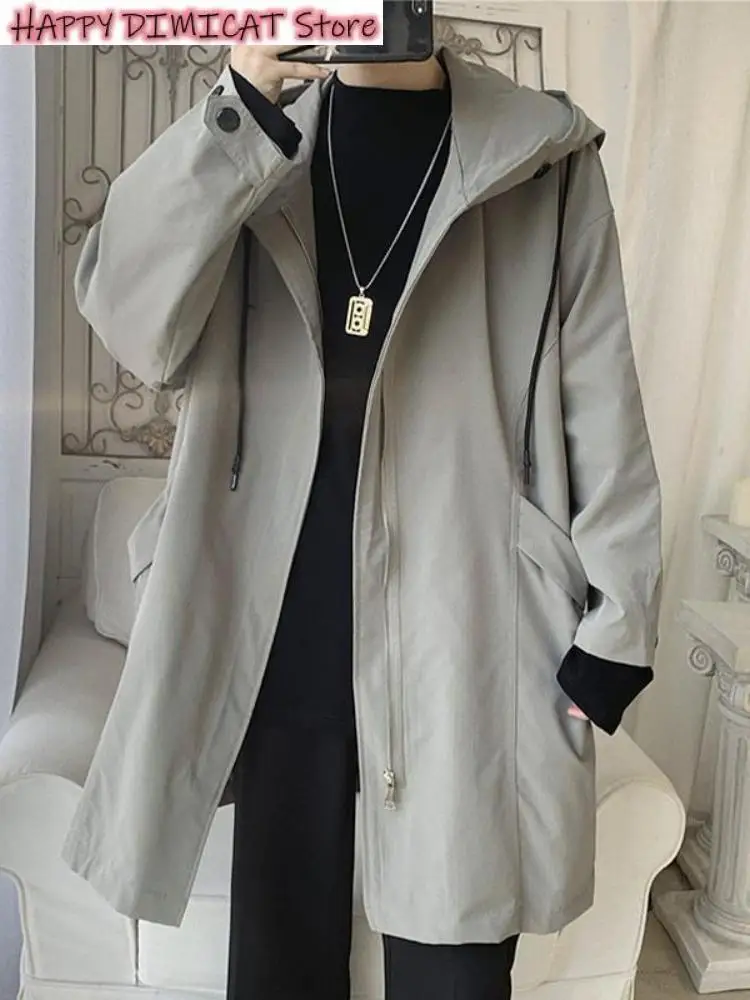 

Men's Coat Mid-length Spring Autumn Trench Windbreaker Hooded Jacket Korean Trend Handsome Preppy Cape Cloak Punk Streetwear