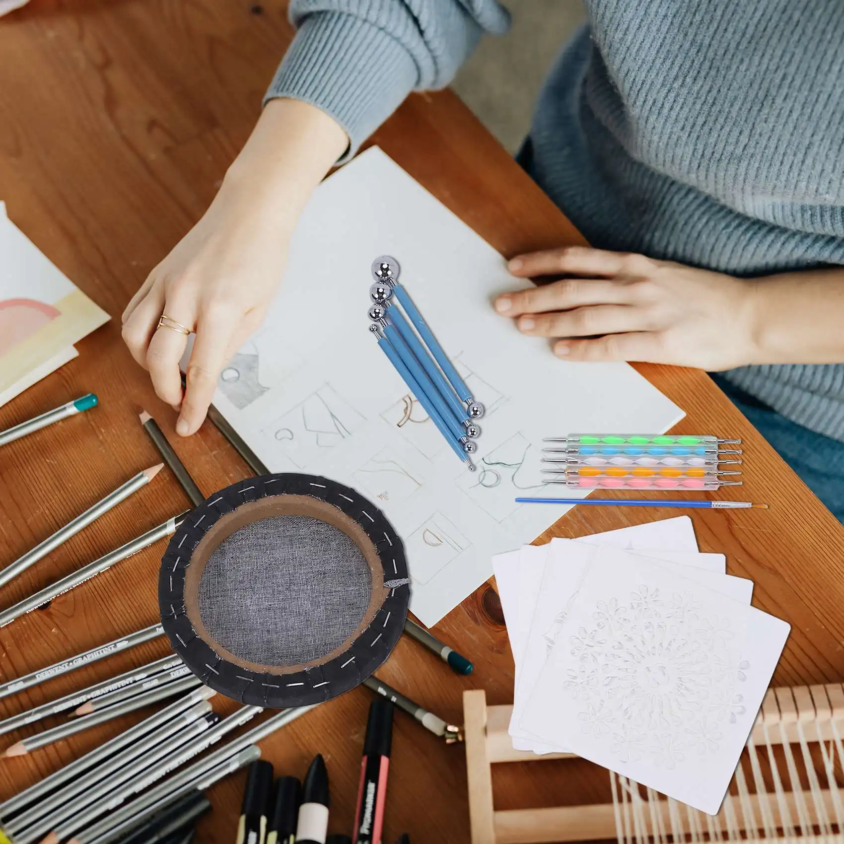 Baby-27Pcs/Set 만다라 점선 템플릿 도구 세트 미니 이젤 페인트 트레이 그림 암석 색칠 그리기 및