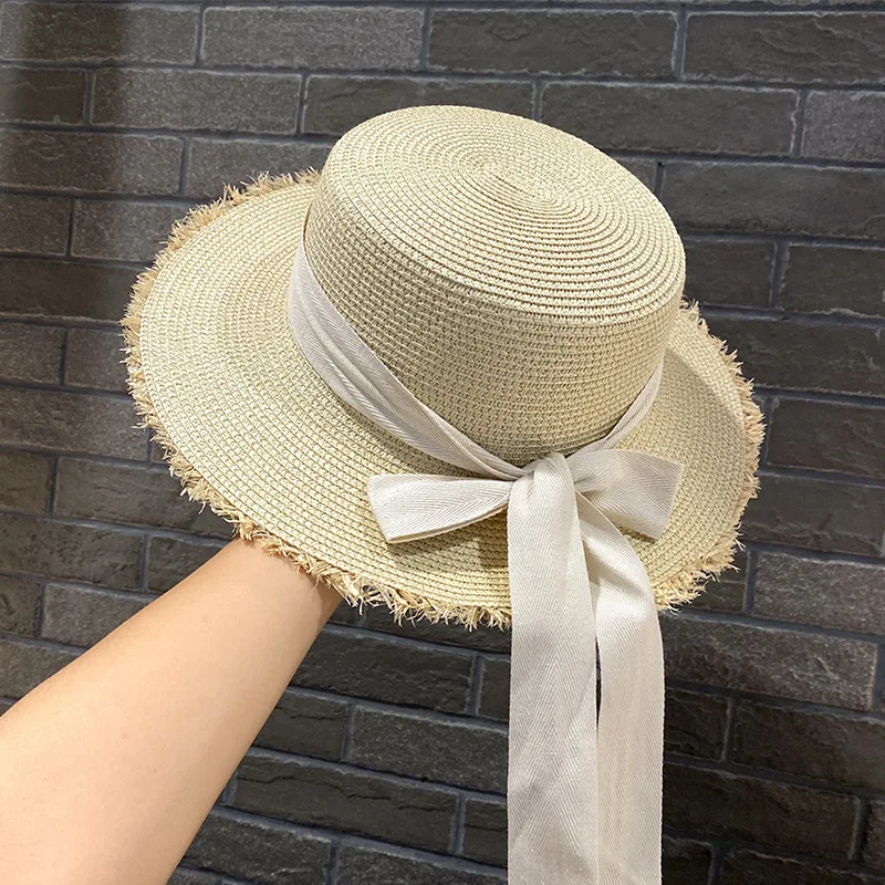 Women Casual Ribbon Straw Hat Vintage Tassel Sun Hat Visor Cap For Cycling Fishing Travel Outdoor