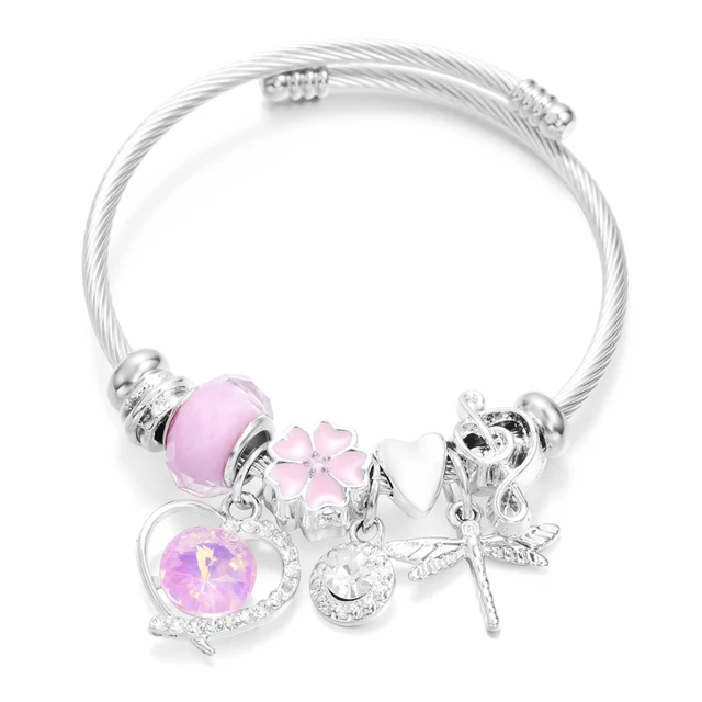 New Trendy Rhinestones Dragonfly Crystal Beaded Pendant Bracelet Stainless Steel 4 Colors Closure Bangles Women Bracelet Jewelry 3