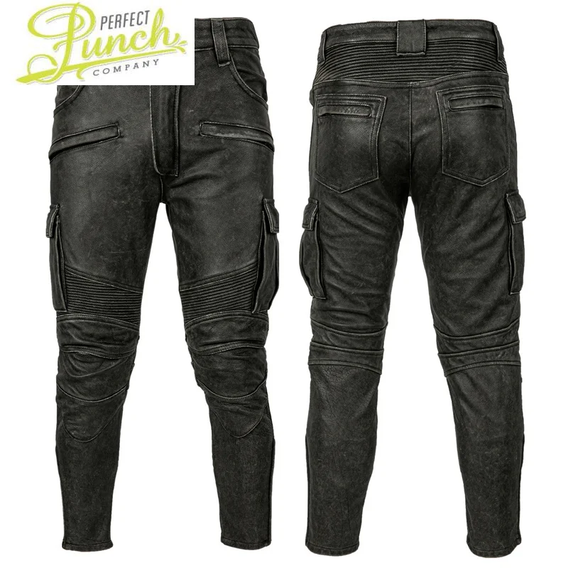 

Cowhide Pants Vintage Men Leather Trousers Leather Men Fashion Motorcycle Casual Solid Color Slim Fit Long Pants Pantalon Cuir