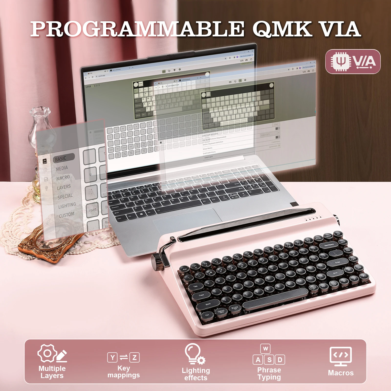 YUNZII QL75 ピンクタイプライター メカニカルキーボード、QMK
