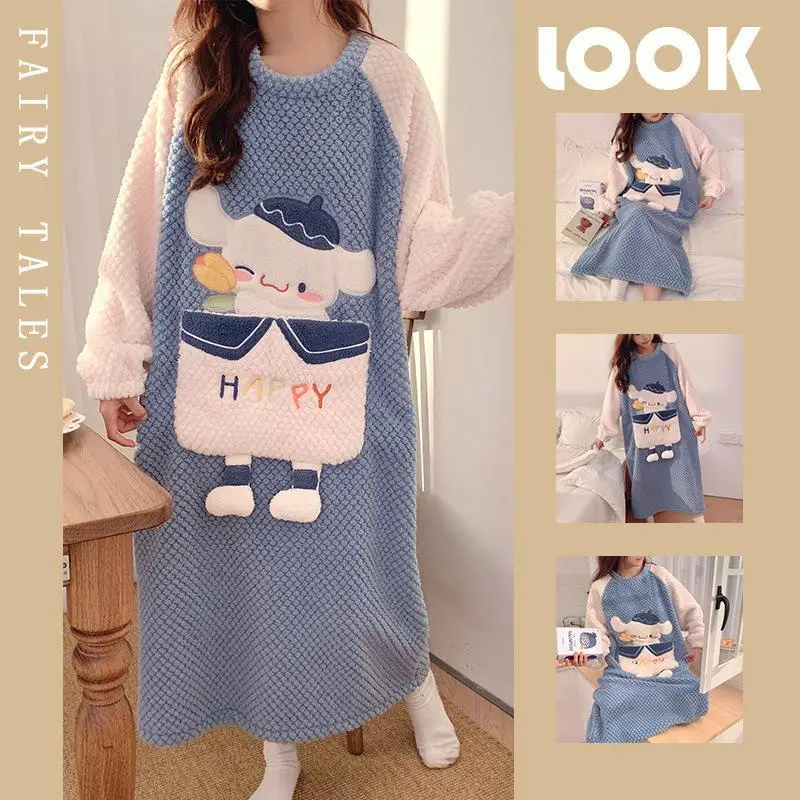 Sanrios Cute Anime Cinnamoroll Plush Pajama Skirt Cartoon Pochacco Pajama Autumn Winter Homewear Sleepwear Girl Kawaii Nightwear