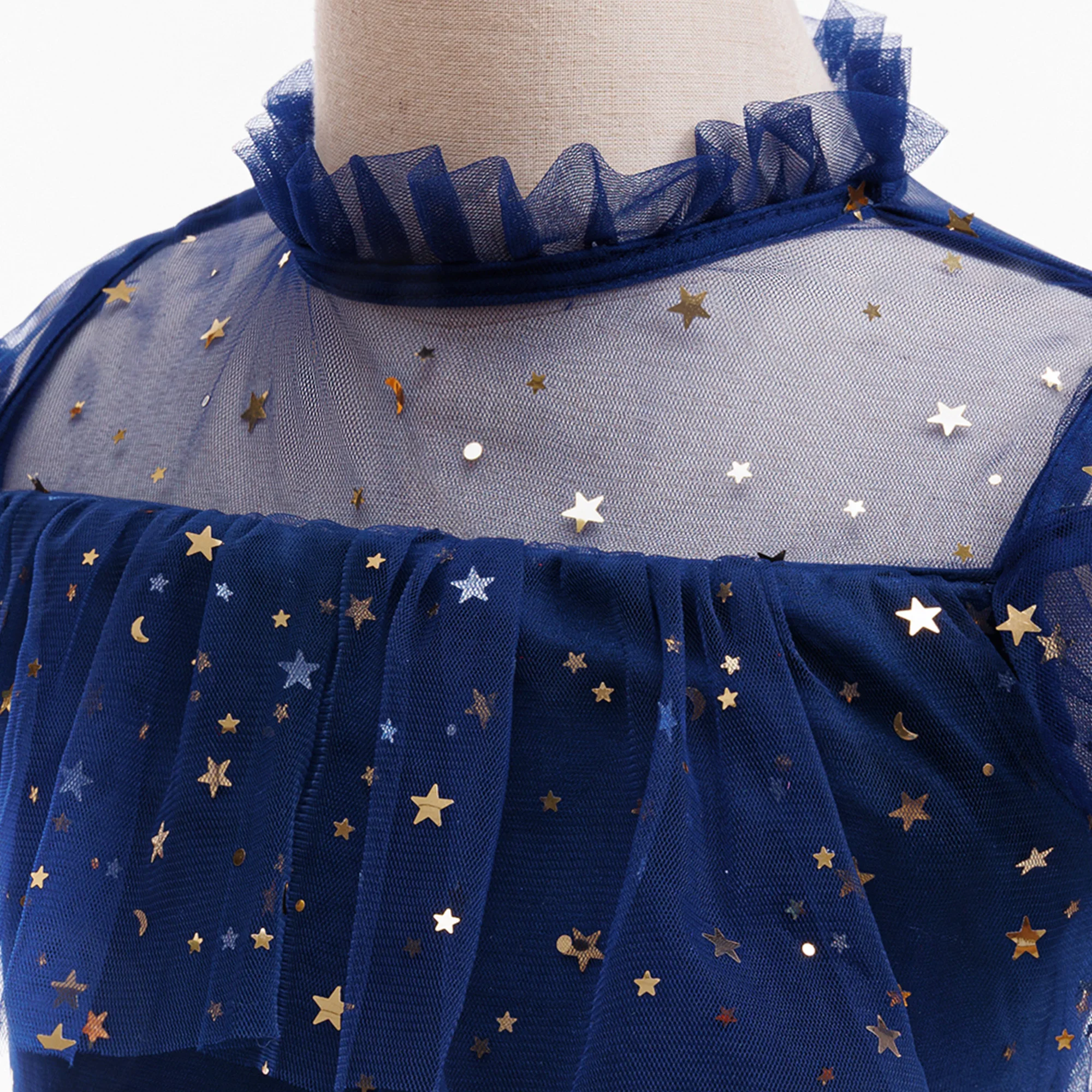 Blaues Kleid für Mädchen, Alltagskleid, mit Stern verziertes Netzkleid, geeignet für Geburtstagsfeiern, Jubiläum – Detail 6