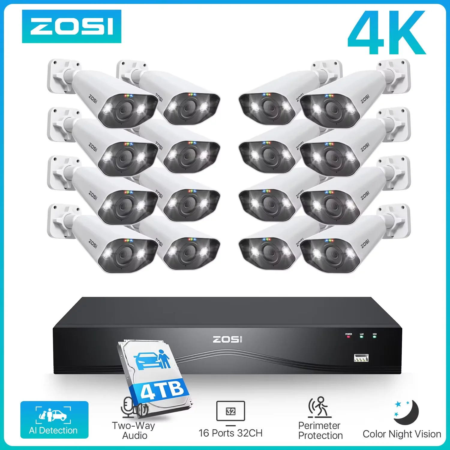 ZOSI 32CH 4K PoE Security Camera System 4TB Face/Person/Vehicle Detect 16 Port 32CH CCTV NVR Dual-Disk 8MP Surveillance IP Cams 1
