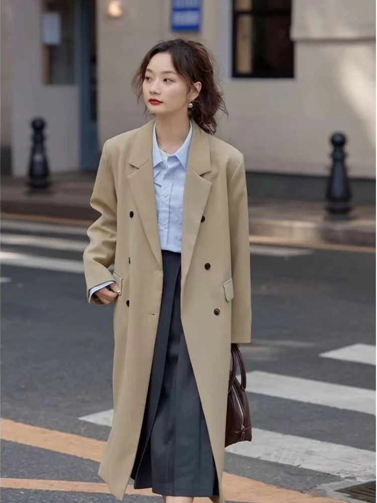 Chaqueta larga por encima de la rodilla para mujer, abrigo elegante coreano de manga larga para oficina, ropa de marca de lujo para primavera y otoño