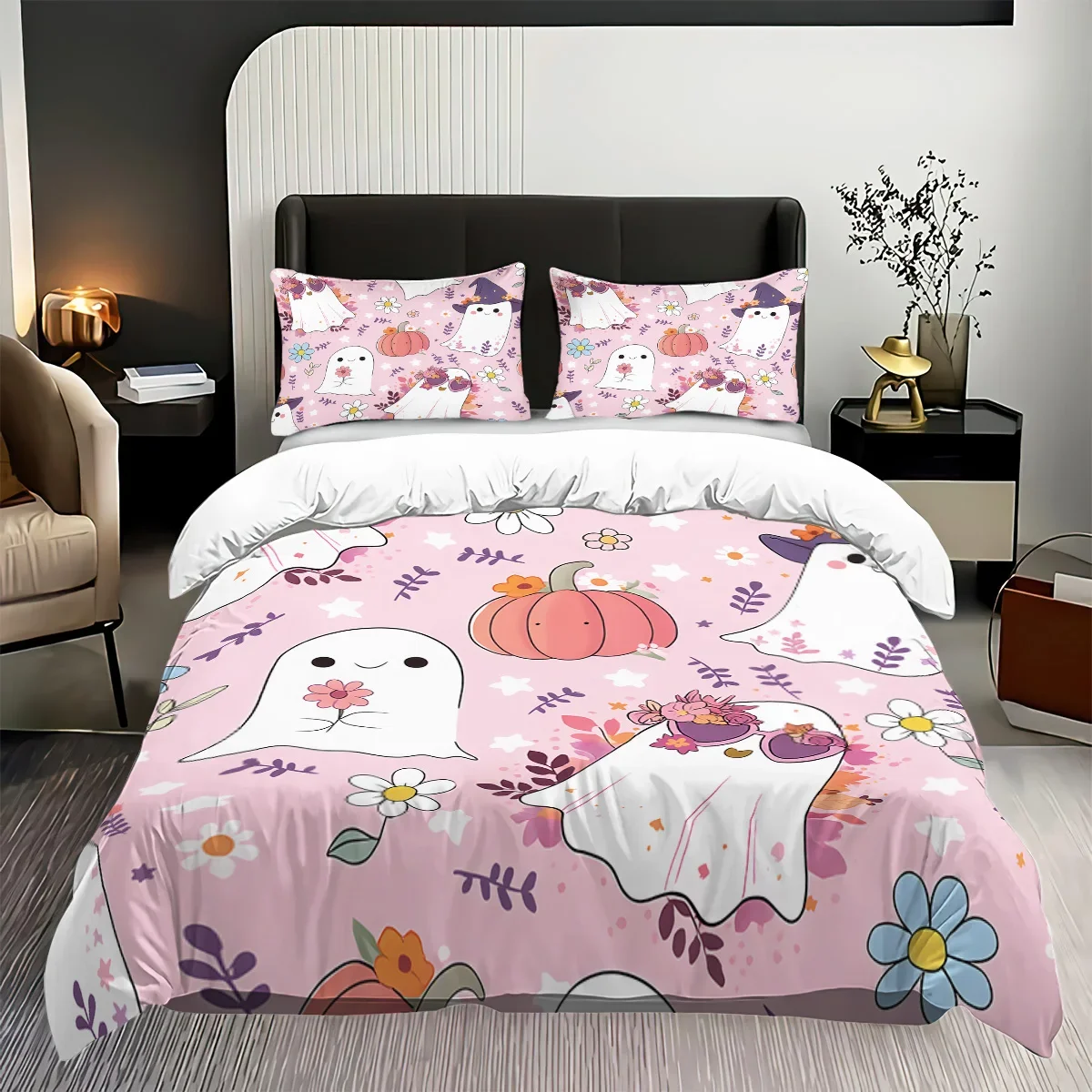 3pcs Halloween pink ghost pattern duvet cover set, 1 duvet cover+2 pillowcases, no core. Soft and comfortable bedding set