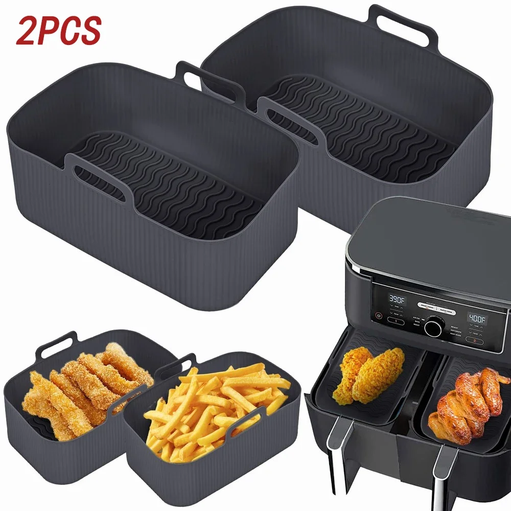 Air Fryer Silicone Tray 2pcs Rectangle Oven Baking Basket Reusable Liner Insert Dish Fried Chicken for Airfryers Accessories