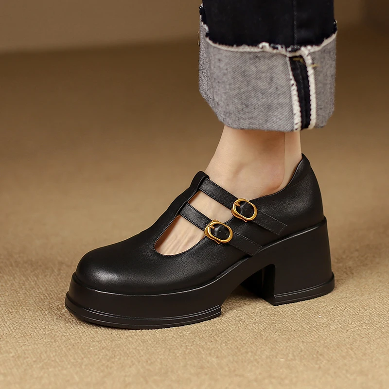 

2023 autumn women pumps natural leather 22-25cm washed cowhide+pigskin full leather t-buckle Retro brush color Mary Jane shoes