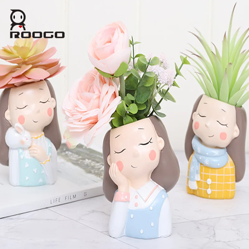 

ROOGO Flower Pot For Succulents Home Garden Decoration Planters Cute Girl Flowerpot Planter Desktop Mini Accessories Bonsai Pots