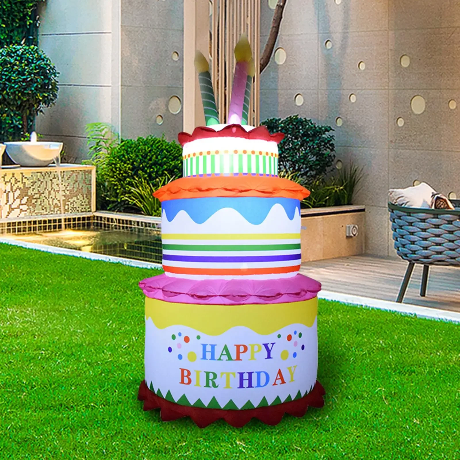 Inflatable Happy Birthday Cake 6FT Lighted Party Decoration with LED Light for Holiday Patio Outdoor Birthday Gifts Kids Toys