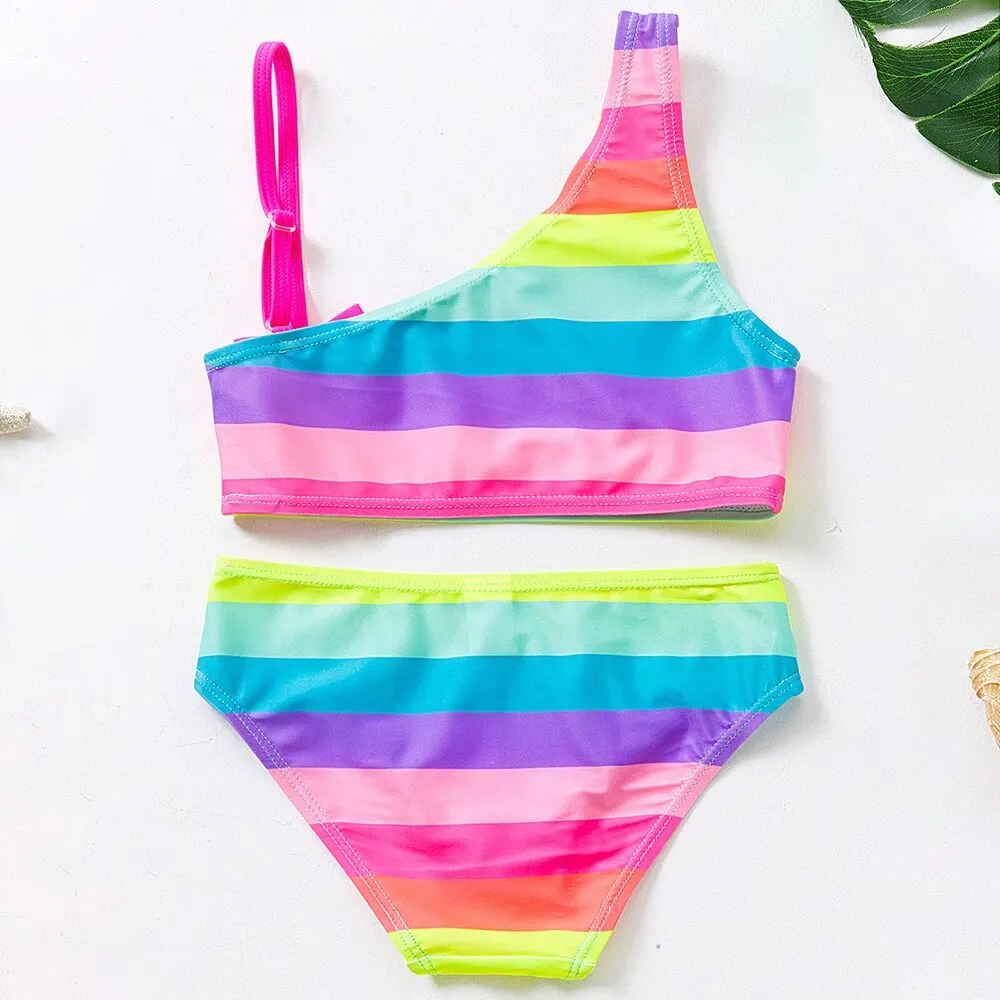 Girls swimsuit rainbow stripe bow girl bikini set