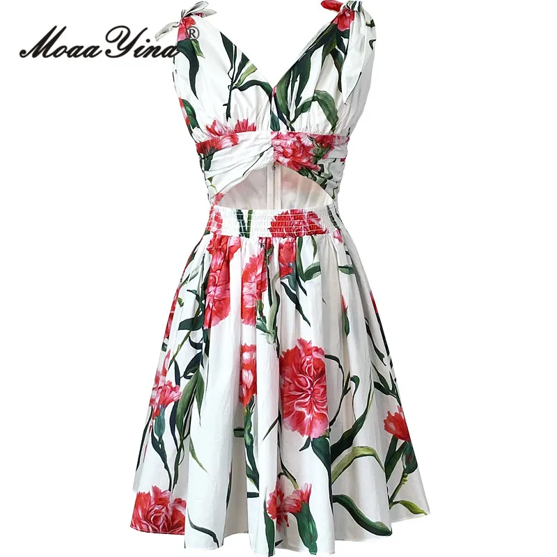 

MoaaYina Summer Fashion Designer Elegant Cotton Dress Women's V Neck Backless Elastic Waist Floral Print Mini Short Dress