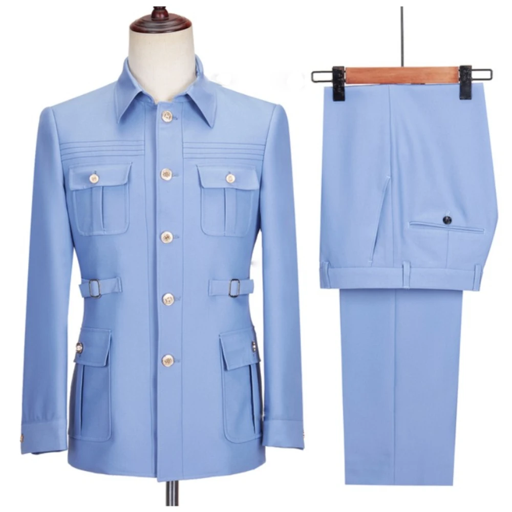 Formal Suit Light Blue Business Men Suits Regular Fit Made Set Wedding Groom Prom Blazer Suit Male Clothing 2 Pieces Set