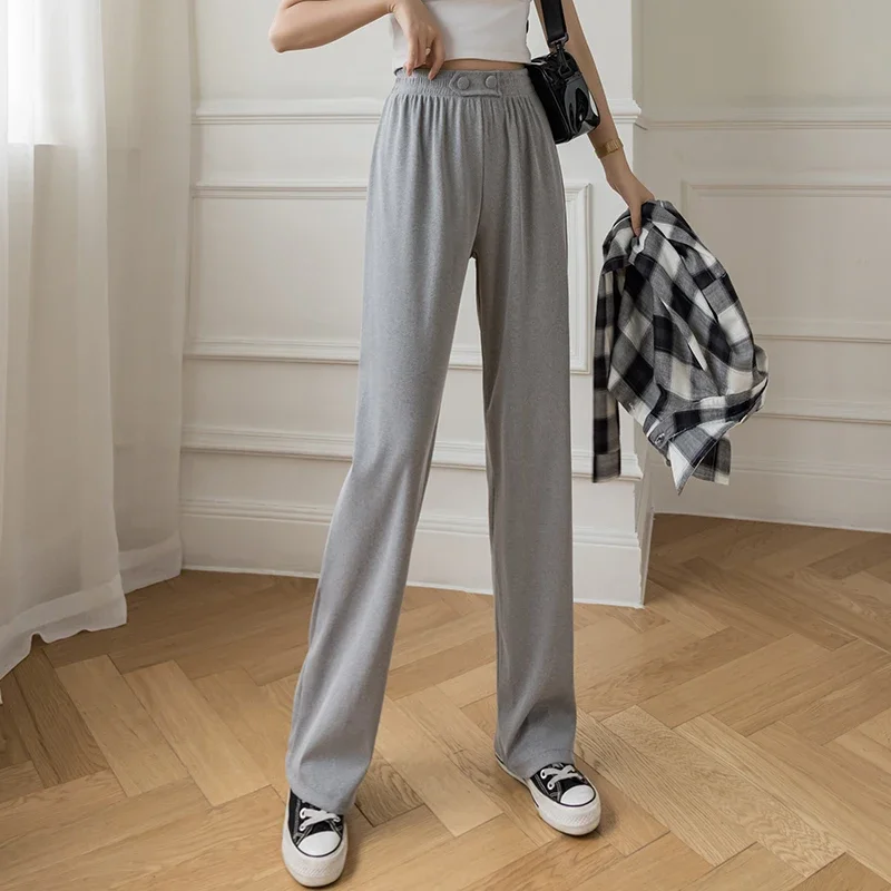 

Women Casual High Waist Loose Straight Trousers Solid Elastic Waist Pants 2024 Female Summer Elegant Wide Leg Pant Long Bottom