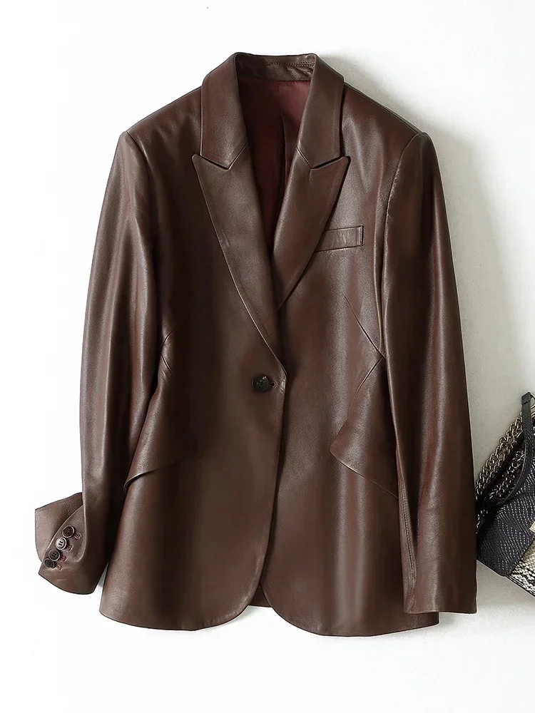 thumbnail image 1 of Chaqueta de cuero genuino para mujer, chaqueta de primavera y otoño de 2024, nueva moda, abrigo de piel de oveja natural de manga larga con un solo botón, 1 of 5