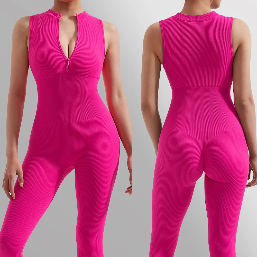 Full Length gym Bodysuit with Zip Pink