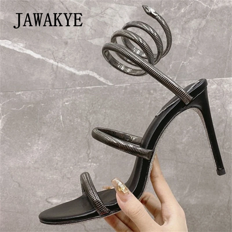 

2023 Summer Metallic Snake Wrap Thin High Heel Sandals Women Brand Open Toe Crystal Stilettos Sexy Party Dress Pumps Shoes Femme