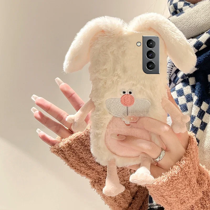 Custodia In Pelliccia Calda 3D Cute Tpu Soft Fluffy Rabbit Ears Per Samsung Galaxy S23 Fe S22 S21 A04 A14 A24 A34 A54 M13 A25 Cover Phone Case