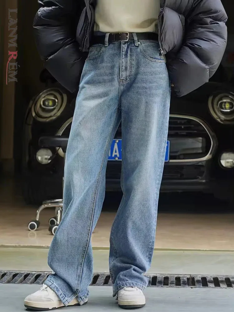 

[LANMREM] Washed High Waist Thicking Jeans For Women Straight Wide Leg Denim Pants Fashion Clothing 2023 Winter New 26D6670