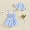 BeQeuewll Princess Baby Girl Plaid Romper Dress with Hats Summer Sleeveless Floral Embroidery Cami Jumpsuit Newborn Clothes 3