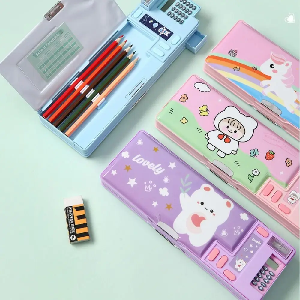 Dual-Sided Fun Mechanism Plastic Pencil Case with Built-In Calculator and Sharpener
